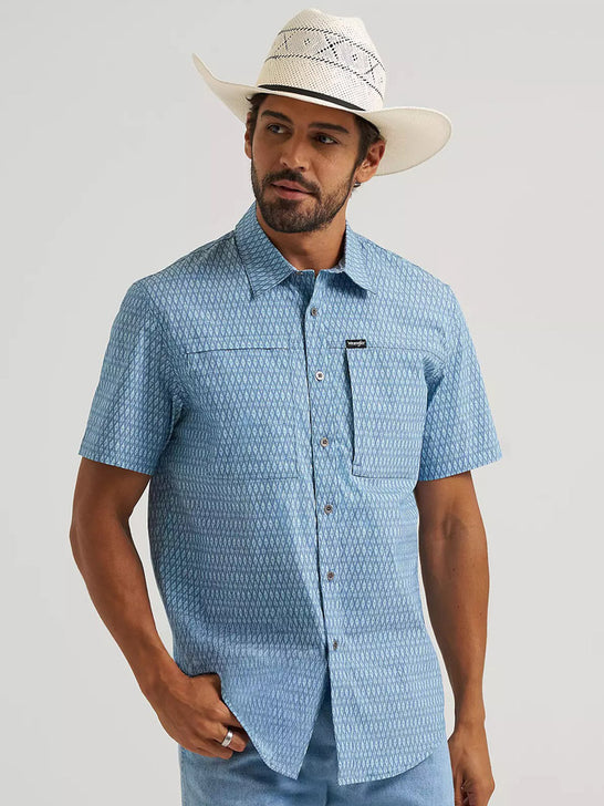 Wrangler 112375142 Mens All Terrain Gear Hike Short Sleeve Shirt Ombre Blue front view. If you need any assistance with this item or the purchase of this item please call us at five six one seven four eight eight eight zero one Monday through Saturday 10:00a.m EST to 8:00 p.m EST