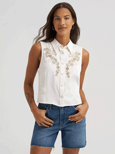 Wrangler 112375229 Womens Embroidered Sleeveless Snap Shirt White front view. If you need any assistance with this item or the purchase of this item please call us at five six one seven four eight eight eight zero one Monday through Saturday 10:00a.m EST to 8:00 p.m EST