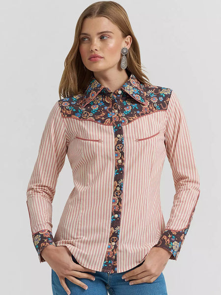Wrangler 112375560 Womens Lainey Wilson X Prairie Print Western Snap Shirt Light Mahogany front view. If you need any assistance with this item or the purchase of this item please call us at five six one seven four eight eight eight zero one Monday through Saturday 10:00a.m EST to 8:00 p.m EST