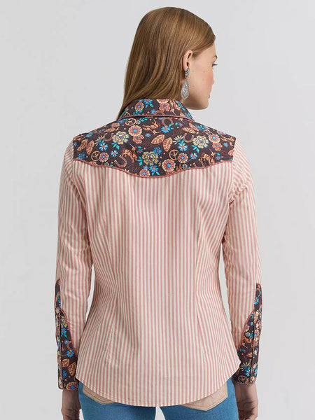 Wrangler 112375560 Womens Lainey Wilson X Prairie Print Western Snap Shirt Light Mahogany back view. If you need any assistance with this item or the purchase of this item please call us at five six one seven four eight eight eight zero one Monday through Saturday 10:00a.m EST to 8:00 p.m EST