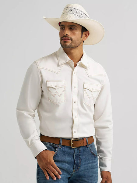 Wrangler 112375745 Mens Retro Premium Long Sleeve Shirt Ivory front view. If you need any assistance with this item or the purchase of this item please call us at five six one seven four eight eight eight zero one Monday through Saturday 10:00a.m EST to 8:00 p.m EST