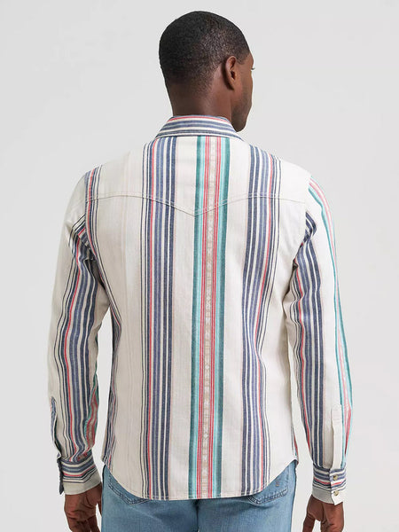 Wrangler 112378795 Mens Retro Premium Long Sleeve Stripe Shirt Pastel Pop back view. If you need any assistance with this item or the purchase of this item please call us at five six one seven four eight eight eight zero one Monday through Saturday 10:00a.m EST to 8:00 p.m EST