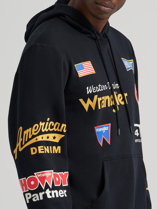 Wrangler 112384025 Mens Icons Relaxed Graphic Pullover Hoodie Black Beauty right arm close up. If you need any assistance with this item or the purchase of this item please call us at five six one seven four eight eight eight zero one Monday through Saturday 10:00a.m EST to 8:00 p.m EST