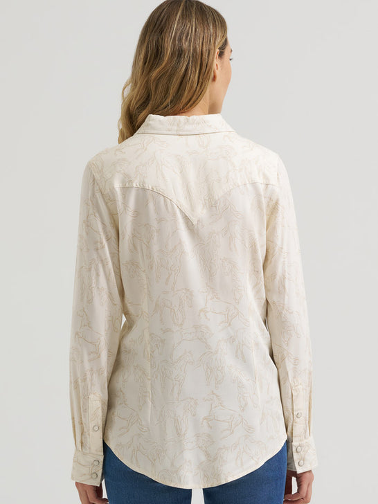 Wrangler 112385413 Womens Retro Americana Western Snap Shirt Cream back view. If you need any assistance with this item or the purchase of this item please call us at five six one seven four eight eight eight zero one Monday through Saturday 10:00a.m EST to 8:00 p.m EST