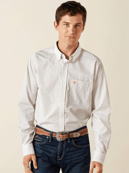 Ariat 10062201 Mens Wrinkle Free Dewitt Long Sleeve Fitted Shirt Cream front view. If you need any assistance with this item or the purchase of this item please call us at five six one seven four eight eight eight zero one Monday through Saturday 10:00a.m EST to 8:00 p.m EST