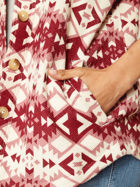 Ariat 10046274 Womens Fillmore Southwest Print Shirt Jacket Red pocket close up view. If you need any assistance with this item or the purchase of this item please call us at five six one seven four eight eight eight zero one Monday through Saturday 10:00a.m EST to 8:00 p.m EST