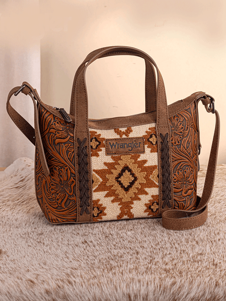 Wrangler WG226-8605BR Womens Tooled Aztec Pattern Print Crossbody Brown front view. If you need any assistance with this item or the purchase of this item please call us at five six one seven four eight eight eight zero one Monday through Saturday 10:00a.m EST to 8:00 p.m EST