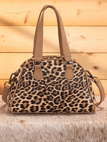 Wrangler WG399-5112BRLP Womens Leopard Print Satchel/Crossbody Bag Brown back view. If you need any assistance with this item or the purchase of this item please call us at five six one seven four eight eight eight zero one Monday through Saturday 10:00a.m EST to 8:00 p.m EST