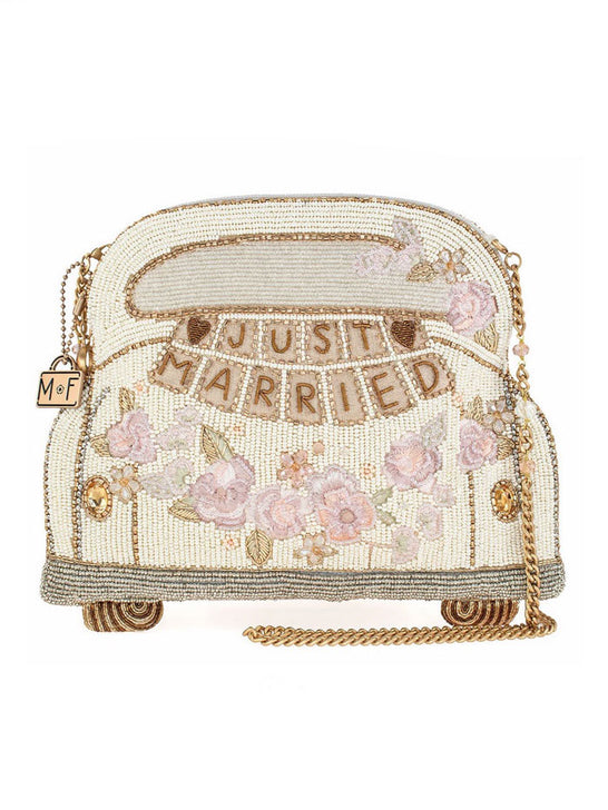 Mary Frances BAG S002-367 JUST MARRIED Crossbody Bag Ivory front view. If you need any assistance with this item or the purchase of this item please call us at five six one seven four eight eight eight zero one Monday through Saturday 10:00a.m EST to 8:00 p.m EST