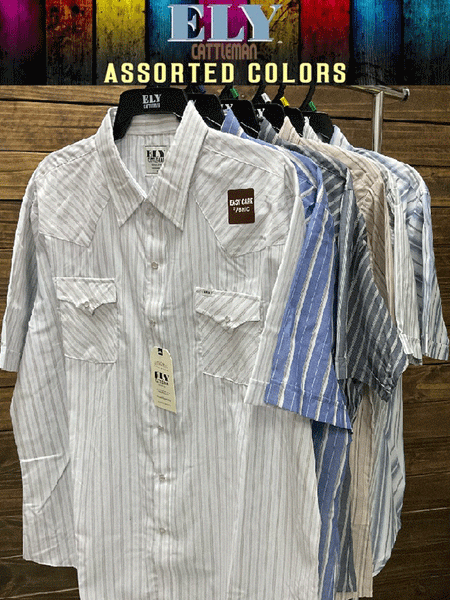 Ely Cattleman 15202603RG Mens Stripe Short Sleeve Western Shirts Assorted Colors hanging. If you need any assistance with this item or the purchase of this item please call us at five six one seven four eight eight eight zero one Monday through Saturday 10:00a.m EST to 8:00 p.m EST