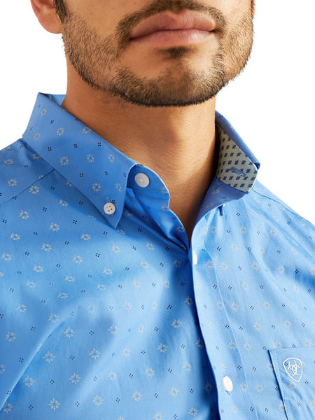 Ariat 10048364 Mens Wrinkle Free Russel Fitted Shirt Regatta front view close up. If you need any assistance with this item or the purchase of this item please call us at five six one seven four eight eight eight zero one Monday through Saturday 10:00a.m EST to 8:00 p.m EST