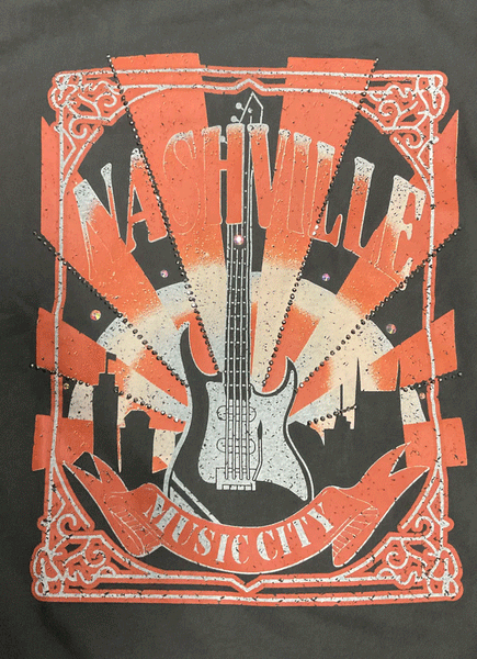 Miss Me MJT0227S Womens Nashville Guitar Fringe Tee Charcoal Black close up of graphic. If you need any assistance with this item or the purchase of this item please call us at five six one seven four eight eight eight zero one Monday through Saturday 10:00a.m EST to 8:00 p.m EST