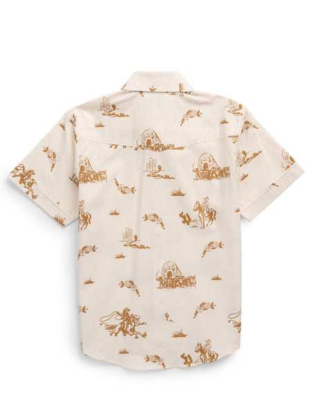 Ely Cattleman 1023116-EC Kids Cowboy Print Snap Shirt Beige Ecru Print back view. Ely Cattleman 1023116-EC Kids Cowboy Print Snap Shirt Beige Ecru Print