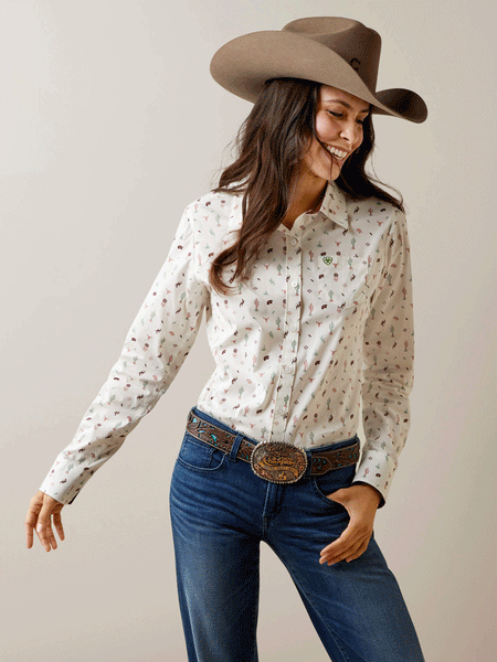 Ariat 10044947 Womens Wrinkle Resist Kirby Stretch Shirt Santa Fe Ivory front view. If you need any assistance with this item or the purchase of this item please call us at five six one seven four eight eight eight zero one Monday through Saturday 10:00a.m EST to 8:00 p.m EST