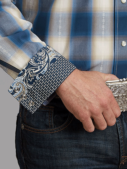 Stetson 11-001-0478-2040 Mens Dobby Plaid Western Shirt Blue sontrast cuff close up. If you need any assistance with this item or the purchase of this item please call us at five six one seven four eight eight eight zero one Monday through Saturday 10:00a.m EST to 8:00 p.m EST