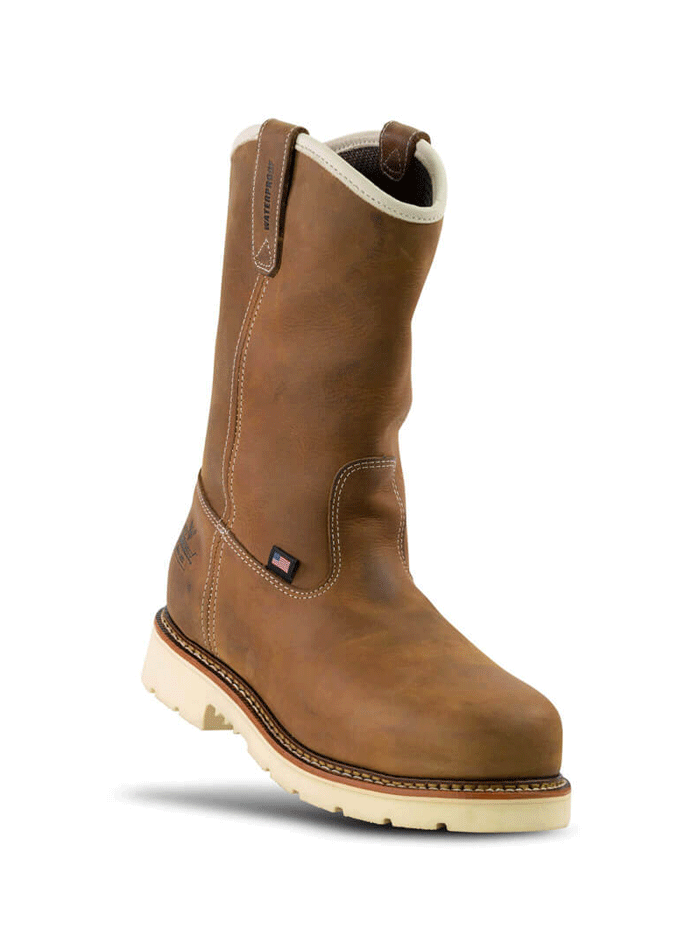Thorogood 804-3320 Mens Pull On Waterproof Safety Toe Wellington Boot Crazyhorse Brown pair front and side view. If you need any assistance with this item or the purchase of this item please call us at five six one seven four eight eight eight zero one Monday through Saturday 10:00a.m EST to 8:00 p.m EST