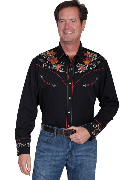 Scully P-842-BLK Mens Boots Hats & Guitars Embroidered Western Shirt Black front view. If you need any assistance with this item or the purchase of this item please call us at five six one seven four eight eight eight zero one Monday through Saturday 10:00a.m EST to 8:00 p.m EST