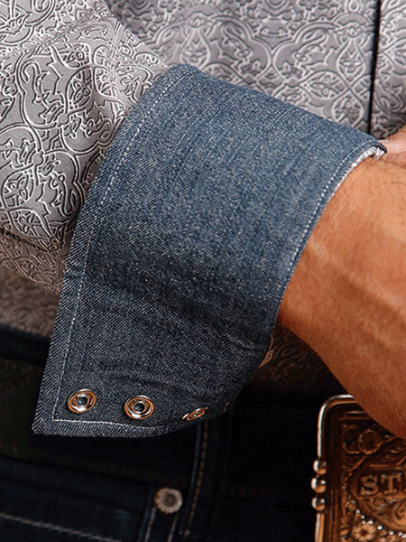 Stetson 11-001-0425-4006 Mens Shadow Medallion Print Western Shirt Grey cuff view. If you need any assistance with this item or the purchase of this item please call us at five six one seven four eight eight eight zero one Monday through Saturday 10:00a.m EST to 8:00 p.m EST