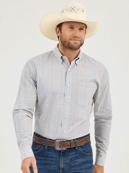 Wrangler 112365619 Mens Cody Johnson Button Down Shirt Silver Grey front view. If you need any assistance with this item or the purchase of this item please call us at five six one seven four eight eight eight zero one Monday through Saturday 10:00a.m EST to 8:00 p.m EST