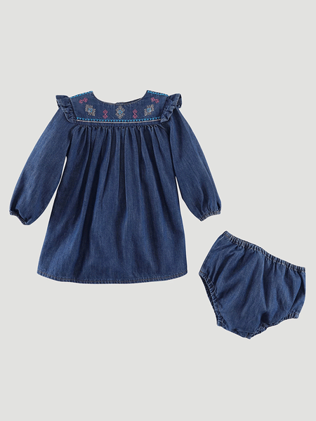 Wrangler 112335365 Infants Long Sleeve Dress Denim front view with diaper cover. If you need any assistance with this item or the purchase of this item please call us at five six one seven four eight eight eight zero one Monday through Saturday 10:00a.m EST to 8:00 p.m EST
