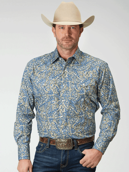 Roper 03-001-0225-2025 Mens All Over Delft Paisley Print Snap Shirt Blue front view. If you need any assistance with this item or the purchase of this item please call us at five six one seven four eight eight eight zero one Monday through Saturday 10:00a.m EST to 8:00 p.m EST