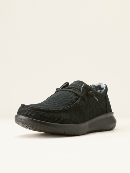 Ariat 10053676 Mens Hilo Shoe Solid Black front and side. If you need any assistance with this item or the purchase of this item please call us at five six one seven four eight eight eight zero one Monday through Saturday 10:00a.m EST to 8:00 p.m EST