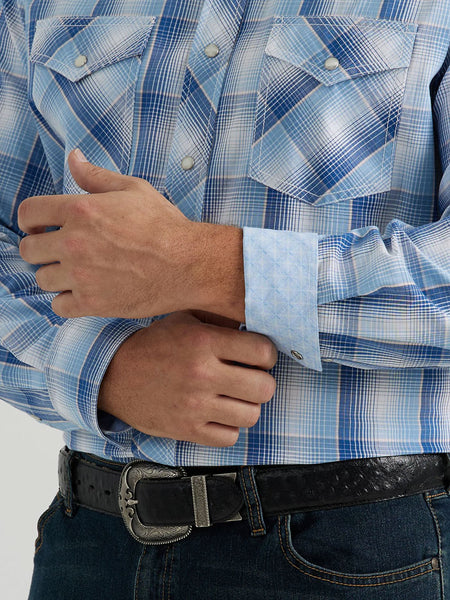 Wrangler 112344707 Mens 20X Competition Western Shirt Blue Gradient cuff close up. If you need any assistance with this item or the purchase of this item please call us at five six one seven four eight eight eight zero one Monday through Saturday 10:00a.m EST to 8:00 p.m EST