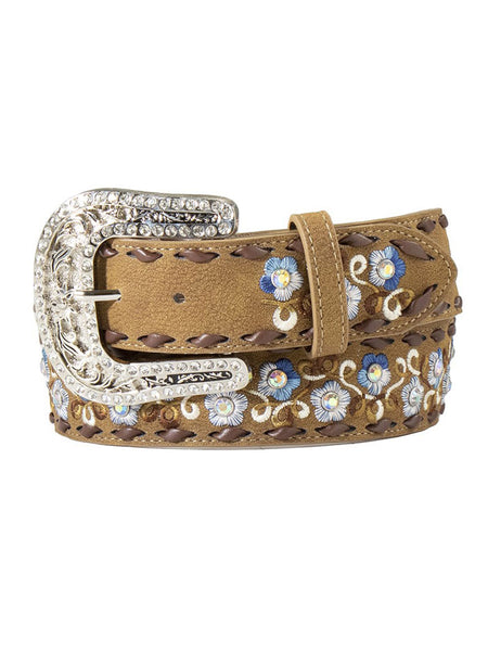 Angel Ranch D140005402 Womens Floral Embroidered Buck Lacing Belt Brown front view. If you need any assistance with this item or the purchase of this item please call us at five six one seven four eight eight eight zero one Monday through Saturday 10:00a.m EST to 8:00 p.m EST