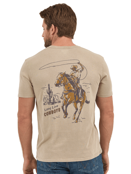 Wrangler 112361852 Mens Lasso Cowboy Graphic T-Shirt Trench Coat Tan back view. If you need any assistance with this item or the purchase of this item please call us at five six one seven four eight eight eight zero one Monday through Saturday 10:00a.m EST to 8:00 p.m EST