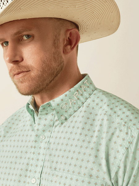 Ariat 10054733 Mens Team Pierson Classic Fit Shirt Light Green collar close up. If you need any assistance with this item or the purchase of this item please call us at five six one seven four eight eight eight zero one Monday through Saturday 10:00a.m EST to 8:00 p.m EST