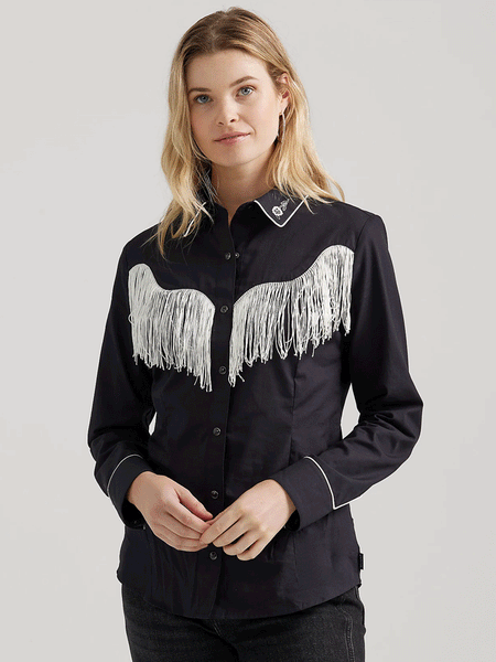 Wrangler 112356678 Womens Western Dress Fringe Snap Shirt Black front. If you need any assistance with this item or the purchase of this item please call us at five six one seven four eight eight eight zero one Monday through Saturday 10:00a.m EST to 8:00 p.m EST