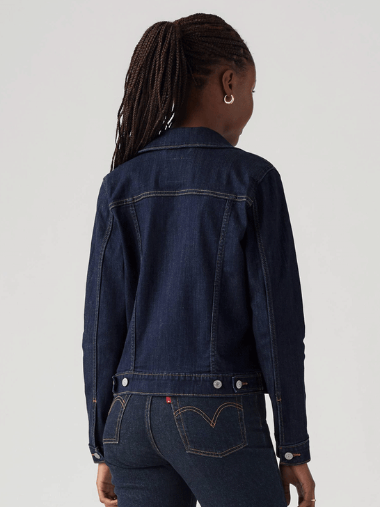 Levis 299450013 Womens Original Trucker Jacket Dark Wash back view. If you need any assistance with this item or the purchase of this item please call us at five six one seven four eight eight eight zero one Monday through Saturday 10:00a.m EST to 8:00 p.m EST