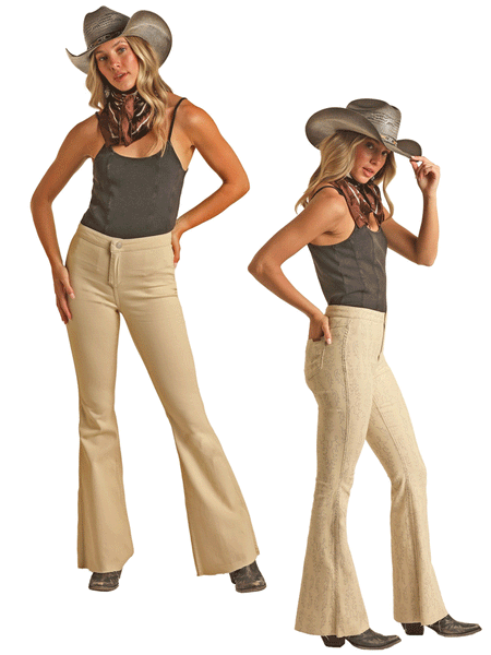 Rock & Roll Denim BW6PD03531 Womens Reversible Button Flare Pant Boot Stitch Natural both colors front and side view. If you need any assistance with this item or the purchase of this item please call us at five six one seven four eight eight eight zero one Monday through Saturday 10:00a.m EST to 8:00 p.m EST