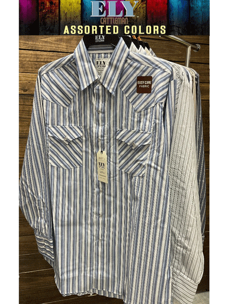 Ely Cattleman 15202903RG Mens Long Sleeve Stripe Western Shirts Assorted Colors hanging. If you need any assistance with this item or the purchase of this item please call us at five six one seven four eight eight eight zero one Monday through Saturday 10:00a.m EST to 8:00 p.m EST