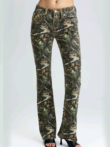 Miss Me M5082B248V Womens Mid Rise Boot Jean Green Camo front view. If you need any assistance with this item or the purchase of this item please call us at five six one seven four eight eight eight zero one Monday through Saturday 10:00a.m EST to 8:00 p.m EST