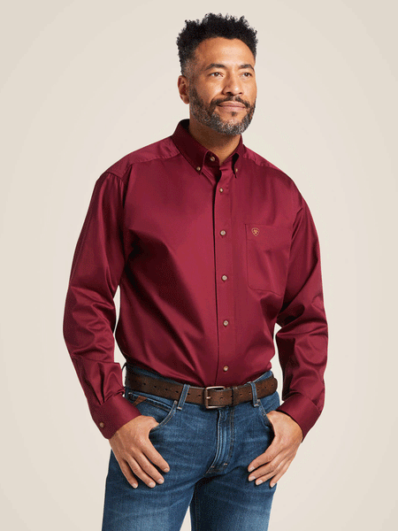 Ariat 10012635 Mens Solid Twill Classic Fit Shirt Burgundy front view. If you need any assistance with this item or the purchase of this item please call us at five six one seven four eight eight eight zero one Monday through Saturday 10:00a.m EST to 8:00 p.m EST