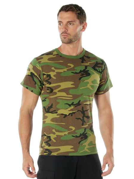 Rothco 8777 Mens Short Sleeve T-Shirt Woodland Camo front view. If you need any assistance with this item or the purchase of this item please call us at five six one seven four eight eight eight zero one Monday through Saturday 10:00a.m EST to 8:00 p.m EST