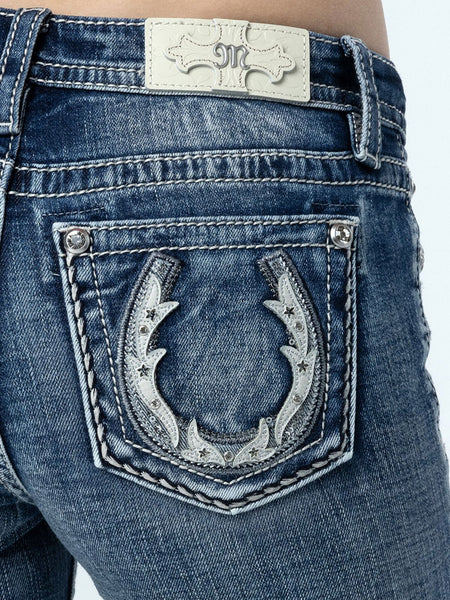 Miss Me M9272B Womens Mid Rise Subtle Star Horseshoe Bootcut Jeans Denim back pocket close up. If you need any assistance with this item or the purchase of this item please call us at five six one seven four eight eight eight zero one Monday through Saturday 10:00a.m EST to 8:00 p.m EST