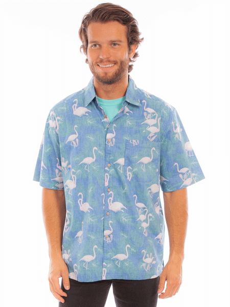 Scully 5350-CAP Mens Flamingo Hawaiian Shirt Capri Blue front view. If you need any assistance with this item or the purchase of this item please call us at five six one seven four eight eight eight zero one Monday through Saturday 10:00a.m EST to 8:00 p.m EST