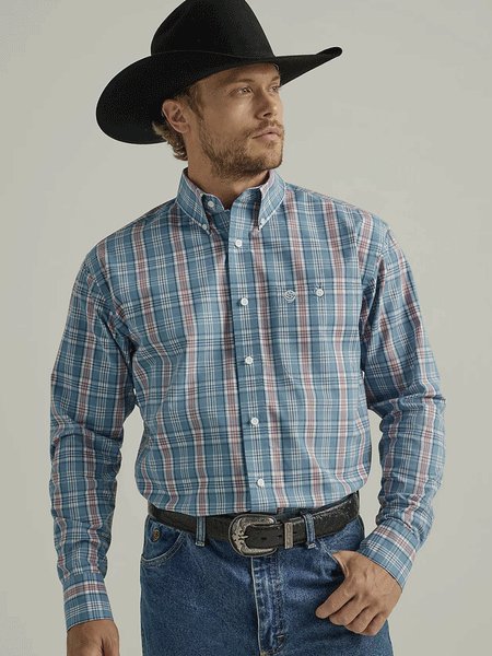 Wrangler 112331805 Mens George Strait Collection Long Sleeve Shirt Blue front view. If you need any assistance with this item or the purchase of this item please call us at five six one seven four eight eight eight zero one Monday through Saturday 10:00a.m EST to 8:00 p.m EST