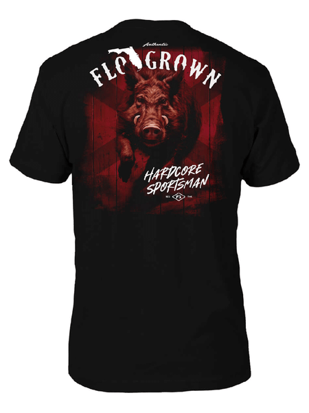 FloGrown FGM-1796 Mens Charging Hog Tee Black back view. If you need any assistance with this item or the purchase of this item please call us at five six one seven four eight eight eight zero one Monday through Saturday 10:00a.m EST to 8:00 p.m EST