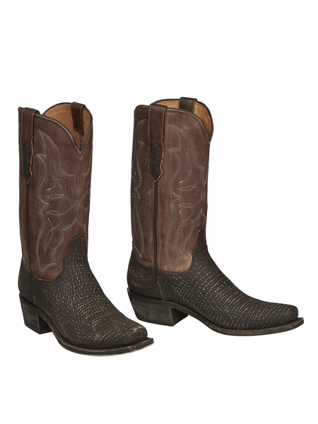 Lucchese M3105.74 Mens Carl Sanded Shark Boots Chocolate Brown front and side view of pair. If you need any assistance with this item or the purchase of this item please call us at five six one seven four eight eight eight zero one Monday through Saturday 10:00a.m EST to 8:00 p.m EST