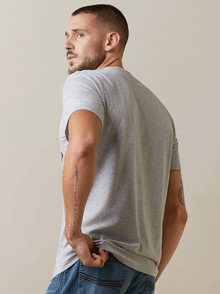 Ariat 10043371 Mens Vertical Logo T-Shirt Heather Grey back view. If you need any assistance with this item or the purchase of this item please call us at five six one seven four eight eight eight zero one Monday through Saturday 10:00a.m EST to 8:00 p.m EST