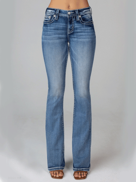 Miss Me M5082B144 Womens Wing Mid Rise Bootcut Jeans Medium Blue full front view. If you need any assistance with this item or the purchase of this item please call us at five six one seven four eight eight eight zero one Monday through Saturday 10:00a.m EST to 8:00 p.m EST