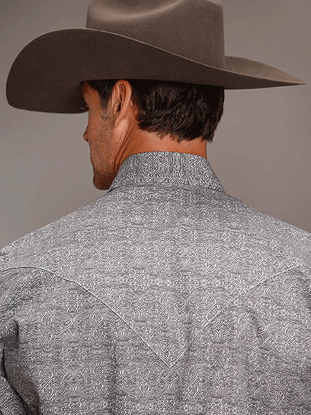 Stetson 11-001-0425-4006 Mens Shadow Medallion Print Western Shirt Grey back view. If you need any assistance with this item or the purchase of this item please call us at five six one seven four eight eight eight zero one Monday through Saturday 10:00a.m EST to 8:00 p.m EST