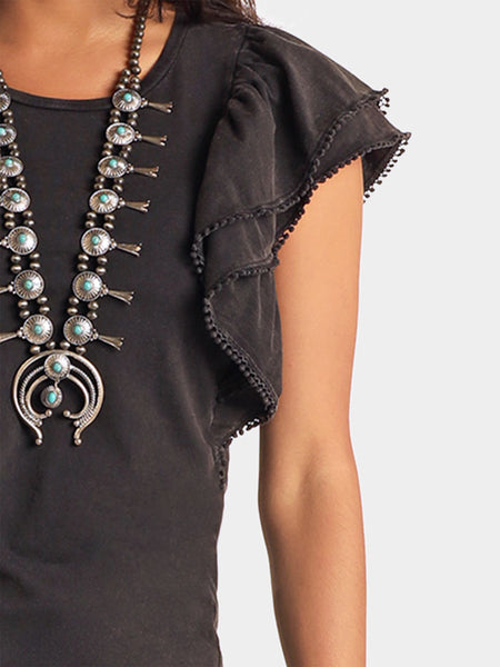 Panhandle LW51T05809 Womens Flutter Tee With Stud Trim Black close up. If you need any assistance with this item or the purchase of this item please call us at five six one seven four eight eight eight zero one Monday through Saturday 10:00a.m EST to 8:00 p.m EST