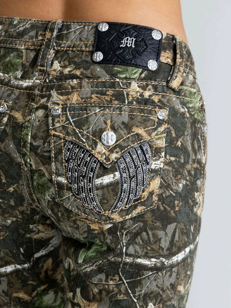 Miss Me M5082B248V Womens Mid Rise Boot Jean Green Camo back close up view. If you need any assistance with this item or the purchase of this item please call us at five six one seven four eight eight eight zero one Monday through Saturday 10:00a.m EST to 8:00 p.m EST