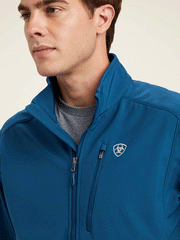 Ariat 10041611 Mens Logo 2.0 Softshell Jacket Majolica Blue front close up. If you need any assistance with this item or the purchase of this item please call us at five six one seven four eight eight eight zero one Monday through Saturday 10:00a.m EST to 8:00 p.m EST
