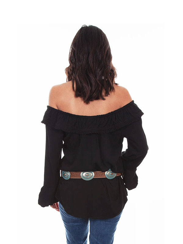 Scully HC579-BLK Womens Off The Shoulder Top Black front view with waist not tied. If you need any assistance with this item or the purchase of this item please call us at five six one seven four eight eight eight zero one Monday through Saturday 10:00a.m EST to 8:00 p.m EST