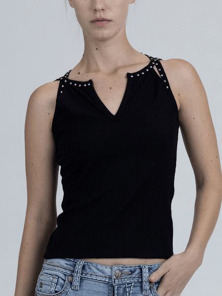 Miss Me MT3335T-BLK Womens Studded Strap Top Black black view. If you need any assistance with this item or the purchase of this item please call us at five six one seven four eight eight eight zero one Monday through Saturday 10:00a.m EST to 8:00 p.m EST